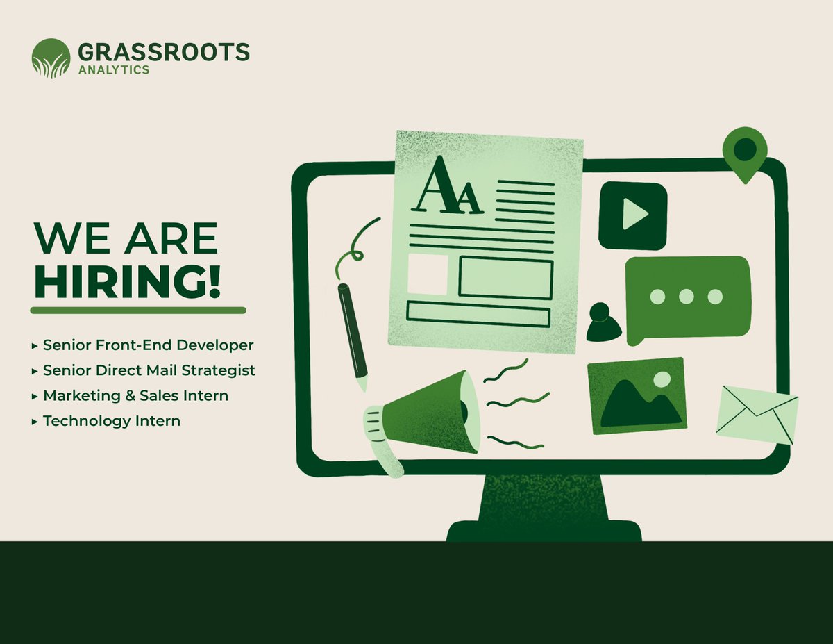 Grassroots Analytics (@grassroots_data) on Twitter photo Grassroots Analytics is hiring! We have 4 roles open based at our Washington, DC HQ: a Senior Front End Developer, a Senior Direct Mail Strategist, a Marketing & Sales Intern, and a Technology Intern. Learn more and apply here: hubs.la/Q02S9N-s0 Grassroots Analytics is hiring! We have 4 roles open based at our Washington, DC HQ: a Senior Front End Developer, a Senior Direct Mail Strategist, a Marketing & Sales Intern, and a Technology Intern. Learn more and apply here: hubs.la/Q02S9N-s0