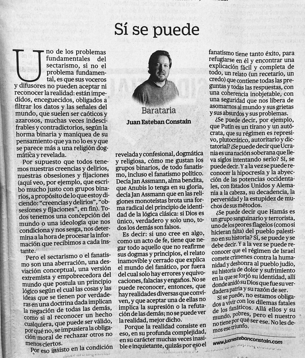 Aulogelio's tweet photo. Hoy en papel la columna de ayer: sí se puede aceptar que varios hechos ciertos, y contrapuestos de manera fatal solo en la lógica maniquea y binaria de los fanáticos, conviven en la realidad y la definen de manera compleja y profunda. No tenemos por qué darles ese triunfo. https://t.co/mRjFn90FGw