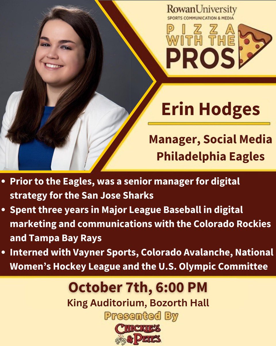 Want to know what it’s like to be behind the scenes of the <a href="/Eagles/">Philadelphia Eagles</a> social media? Join Erin Hodges for 🍕Pizza with the Pros🍕 this Monday! 

All students are welcome. FREE <a href="/ChickiesnPetes/">Chickie's and Pete's</a> pizza will be served at 5:40pm.