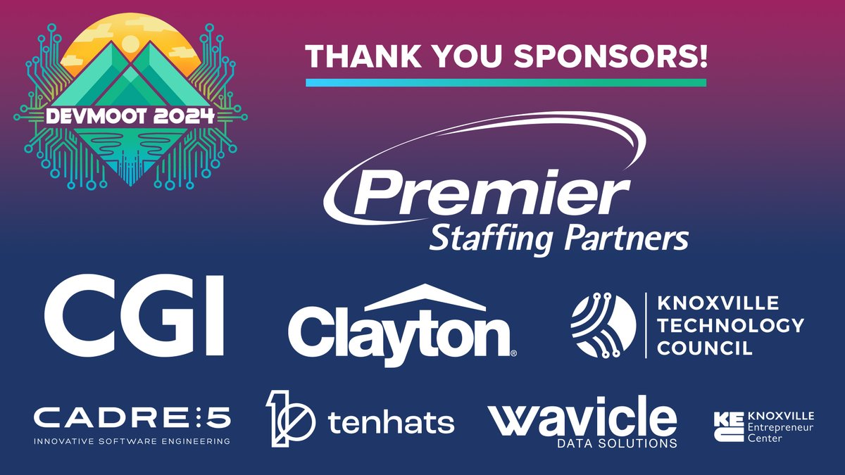 knoxdevs's tweet image. It’s time for Devmoot! This event wouldn’t be possible without the support of our #sponsors. Help us give them a big THANK YOU! 👏👏

Premier Staffing Partners
@CGI_Global 
@claytonhomes 
@KTechCouncil 
@Cadre5 
@10HatsTeam 
@WavicleDataLLC 
@KnxEntrepreneur