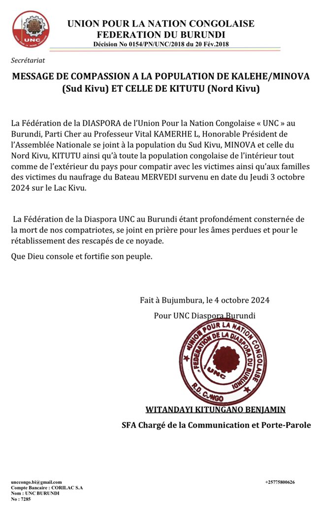 La Fédération Diaspora UNC Burundi se joint aux victimes et à leurs familles en prière pour le repos aux âmes perdues et bonne guérison aux rescapées.
<a href="/LecomteMUDUMBA/">Lecomte Aganze SFédéral</a> <a href="/VitalKamerhe1/">Vital Kamerhe</a> <a href="/BillyKambale1/">Billy Kambale</a> <a href="/Bibishe6/">Bibishe Pascaline N</a> <a href="/CibalwiraGlordy/">GLORDY CIBALWIRA (MBA)</a> <a href="/BahaneKipawa/">Kipawa Bahane@</a> <a href="/adrien_mushumo/">Adrien MUSHUMO</a> <a href="/RemyBongungu/">Rémy Bongungu</a> <a href="/edgardisha/">Edgard ishara branyEd🇨🇩🇨🇩🇺🇸</a>