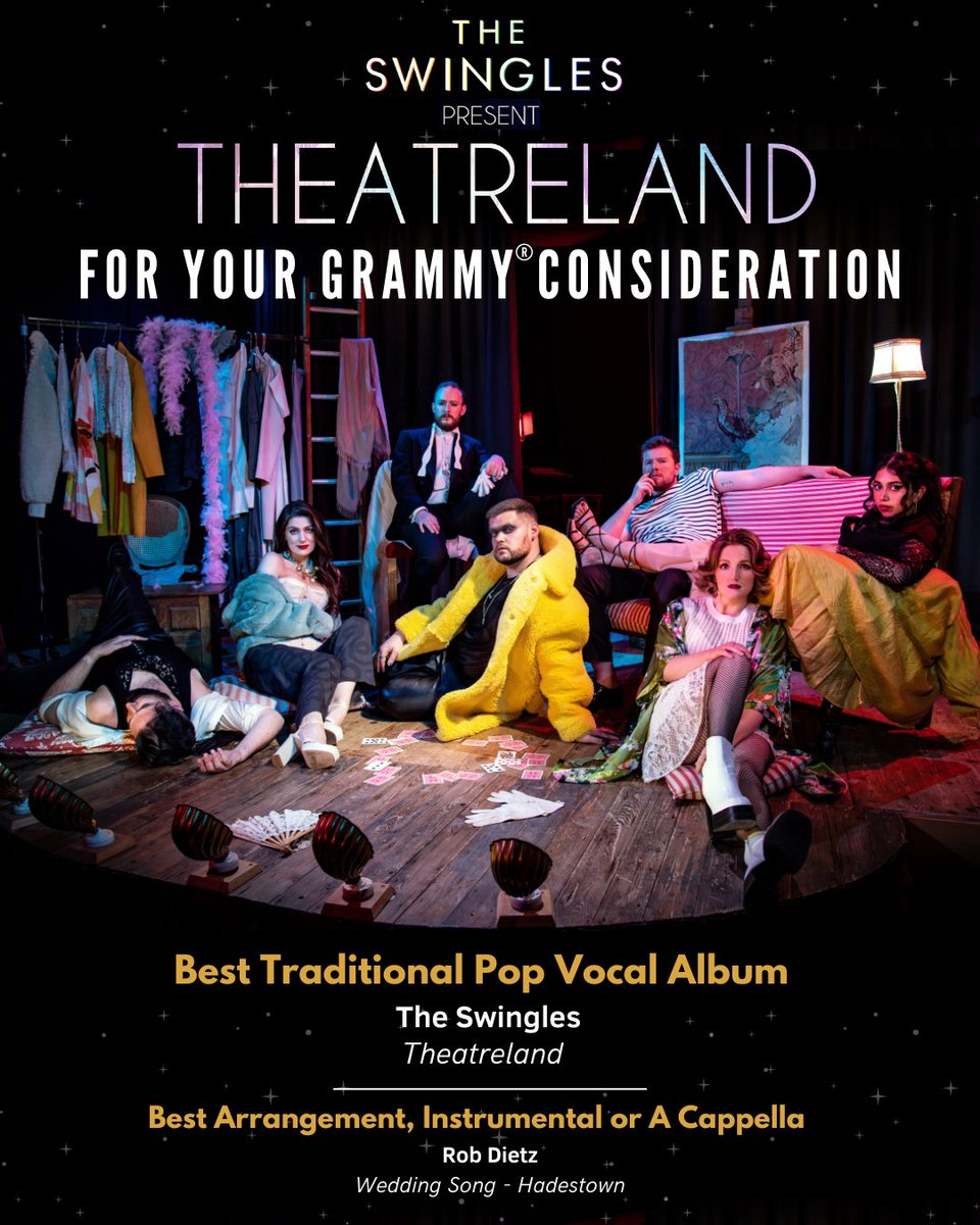 For your GRAMMY® consideration: The Swingles are thrilled to announce that our newest album, Theatreland, is on the ballot for Best Traditional Pop Vocal Album! Recording Academy Voting Member friends &amp; colleagues, we hope you enjoy our work, and we appreciate your consideration!