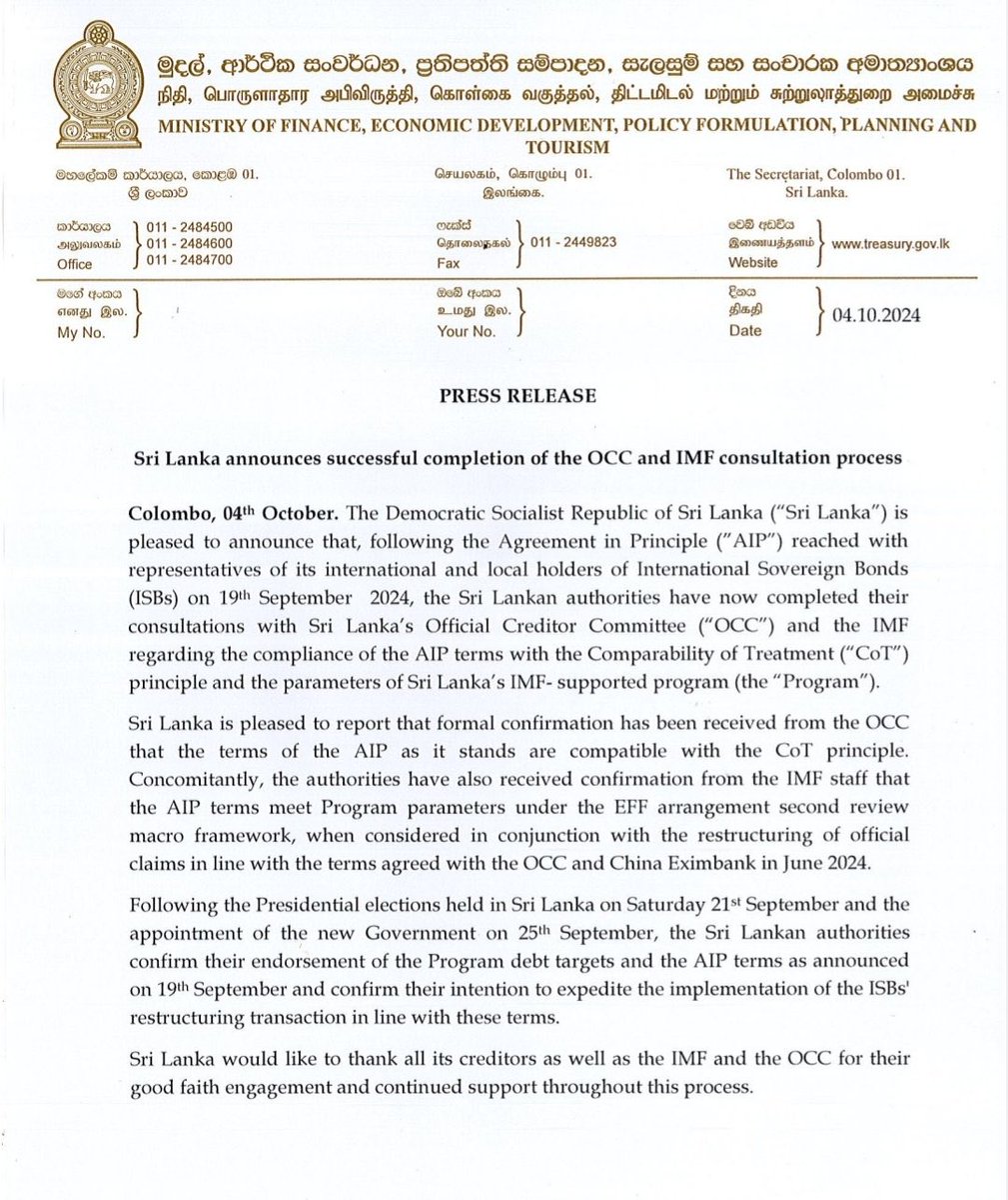 With this Sri Lanka will officially completes the debt restructuring process and officially out of bankruptcy! #
Incredible achievement for a country considering where we were April 2022. #
The decision to announce a selective moratorium on foreign debt repayment was very tough!