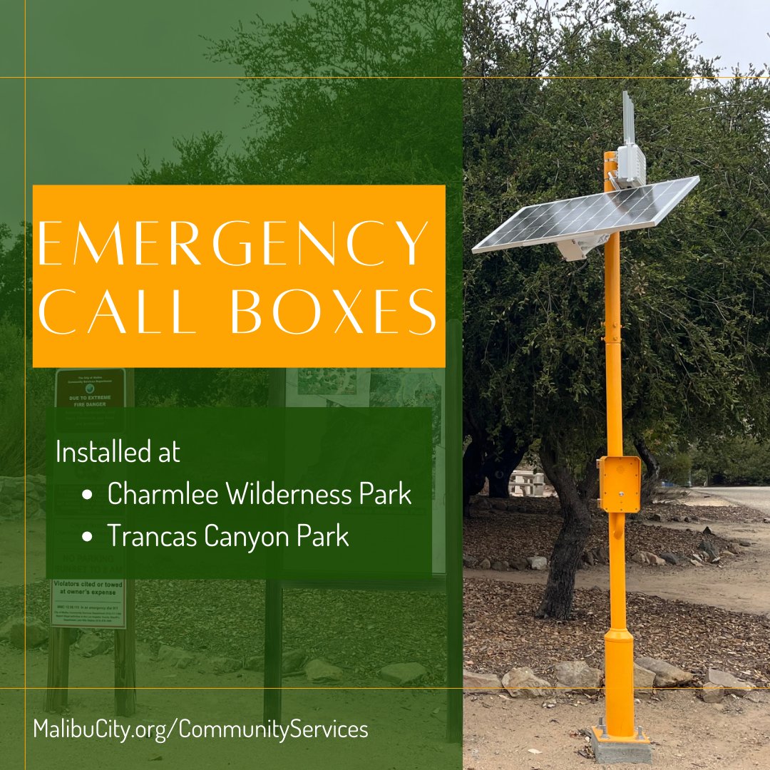 MalibuCSD's tweet photo. 📞EMERGENCY CALL BOXES - Emergency call boxes have been installed at Charmlee Wilderness Park and Trancas Canyon Park. In case of an emergency, push the button to dial 911. For more information, visit https://t.co/aPK3tktccs. #Malibu #Parks #EmergencyCallBox #Safety https://t.co/gOsA5jnw5W