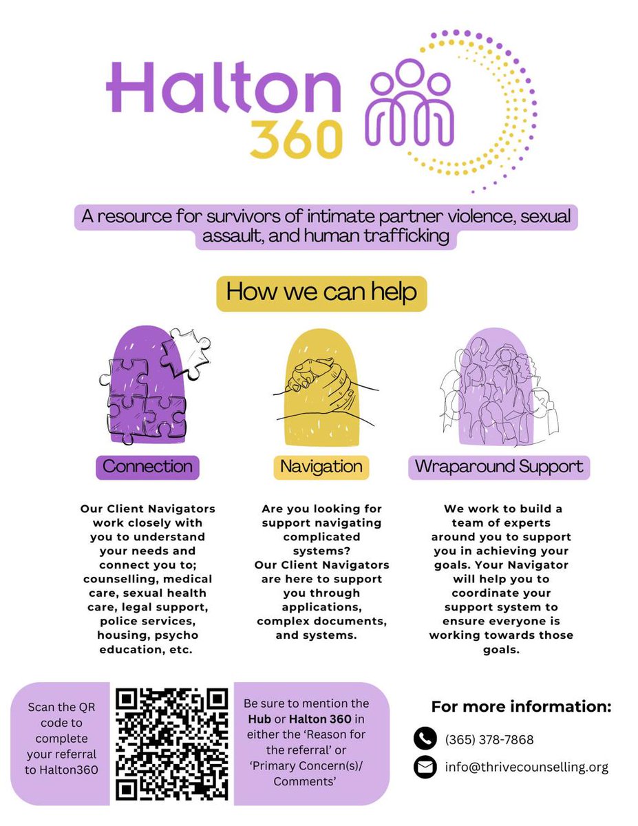 We are thrilled to announce that the Halton 360 hub is now available for community and self-referral as of October 1st, 2024. This community hub is intended for survivors of IPV, SA and HT to access coordinated, centrally-located, gender-based violence services in Halton Region.