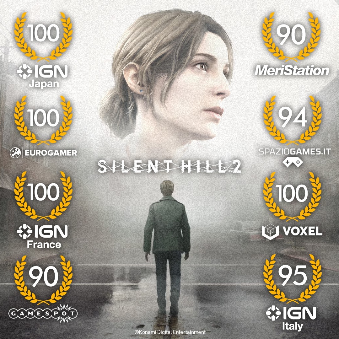 KONAMIUK's tweet image. Do you feel it? The fog is getting thicker…🌫️  and so is the hype!

The reviews for #SILENTHILL 2 are in, and here’s a look at some of the press scores.

Releasing October 8th on PS5 &amp;amp; Steam.