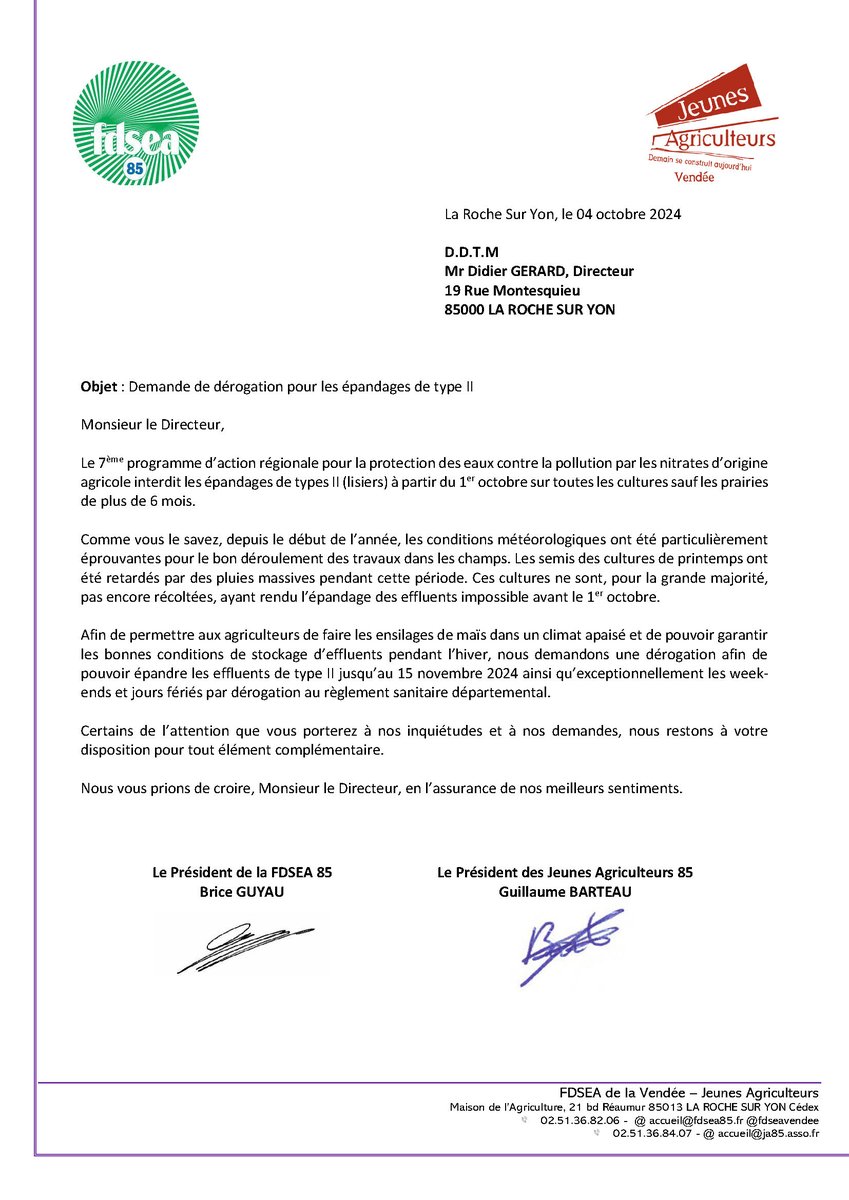 🛑 𝐃𝐞𝐦𝐚𝐧𝐝𝐞 𝐝𝐞 𝐝𝐞́𝐫𝐨𝐠𝐚𝐭𝐢𝐨𝐧 𝐩𝐨𝐮𝐫 𝐥𝐞𝐬 𝐞́𝐩𝐚𝐧𝐝𝐚𝐠𝐞𝐬 𝐝𝐞 𝐭𝐲𝐩𝐞 𝐈𝐈 𝐣𝐮𝐬𝐪𝐮’𝐚𝐮 𝟏𝟓 𝐧𝐨𝐯𝐞𝐦𝐛𝐫𝐞 𝟐𝟎𝟐𝟒 ainsi qu’exceptionnellement les week-ends et jours fériés par dérogation au règlement sanitaire départemental faite à la DDTM ⤵️