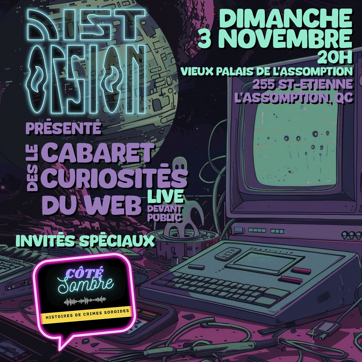 Nouvelle date! Probablement la dernière annonce de l'année 2024! On débarque au Vieux Palais de l'Assomption avec nos colocs de Côté Sombre le 3 novembre! On a vraiment hâte de visiter ce beau lieu! Les billets sont en vente DÈS MAINTENANT! lepointdevente.com/billets/cqy241…