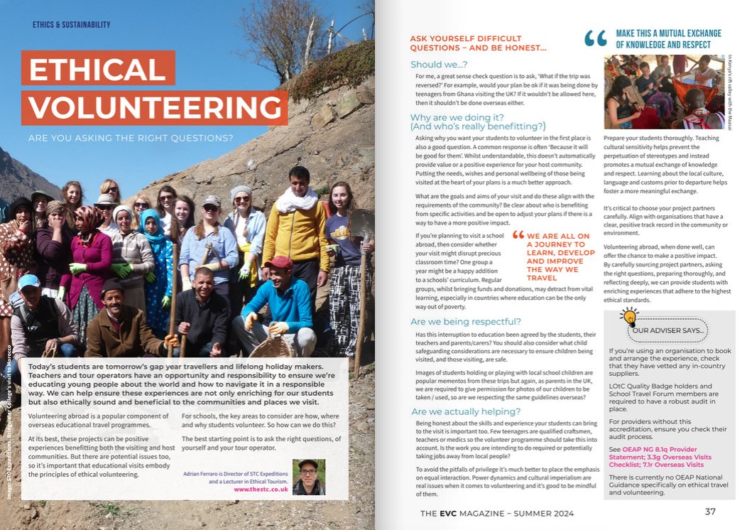 Ethical volunteering: "Ask yourself difficult questions...and be honest" – advice for schools about including volunteering projects in your overseas visits from <a href="/STCadventures/">STC Expeditions</a>.  Read it in your EVC Magazine
paperturn-view.com/?pid=ODg882301… 
#EducationalVisits #SchoolTrips #EVCMagazine