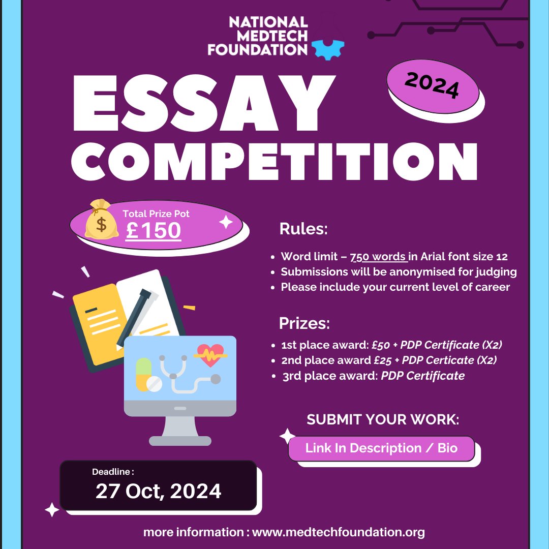We’re EXCITED to announce that we’re hosting an ESSAY COMPETITION this year with a total PRIZE pool of £150. 📝🥳

If you enjoy writing, medical technology and want to earn some extra cash alongside a portfolio certificate, this is an amazing opportunity to get involved in!