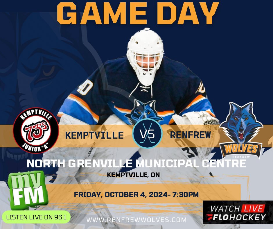 RenfrewWolves's tweet image. 🚨Game Day! 

The Renfrew Wolves are taking on the Kemptville 73s tonight! 

7:30 PM
North Grenville Municipal Centre, Kemptville, ON

Can’t be there? Listen live on 96.1 myFM or stream on FloHockey!

Let’s go, Wolves! 

#RenfrewWolves #GameDay #HockeySeason #GoWolvesGo
