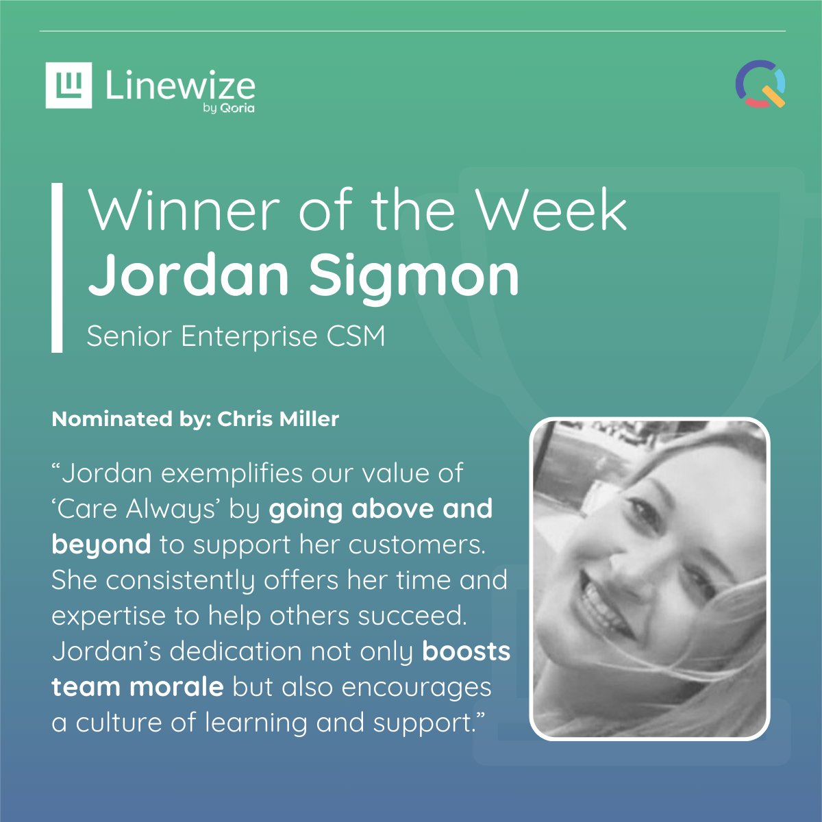 This week, we're celebrating Jordan Sigmon! 🏅 Jordan embodies our company values with her "Win Together" spirit and her care for our customer districts - particularly during the high-pressure start of school season. Thank you Jordan! #TeamPlayer #EmployeeRecognition