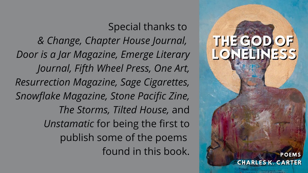 Thank you <a href="/andchangepoetry/">& Change</a>, Chapter House Journal, <a href="/DoorIsAJarMag/">Door Is A Jar Literary Magazine</a>, <a href="/EmergeJournal/">ELJ Editions</a>, <a href="/fifthwheelpress/">fifth wheel press</a>, <a href="/OneArtPoetry1/">ONE ART</a>, <a href="/MagResurrection/">RESURRECTION magazine</a>, <a href="/sageciggs/">Sage Cigarettes #BLM - ON HIATUS</a>, <a href="/SnowflakeMag/">Snowflake ❄️</a>, <a href="/StonePacific/">Stone Pacific Zine</a>, <a href="/StormsJournal/">TheStormsJournal</a>, and <a href="/tiltedhousenola/">Tilted House</a> for publishing poems now featured in my latest collection of poems