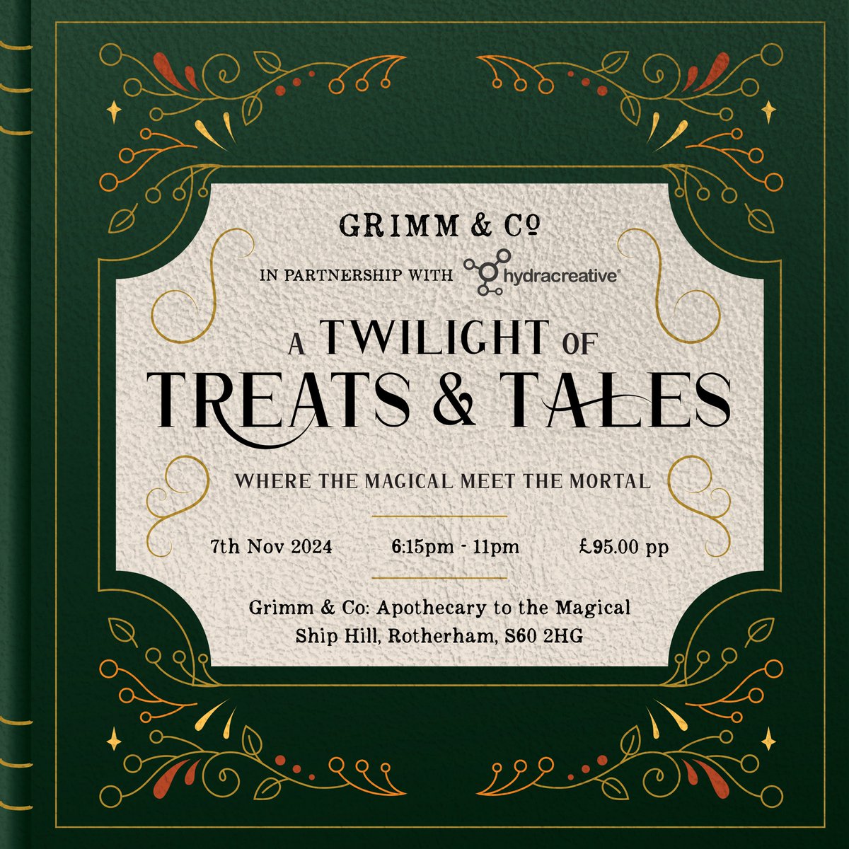 GrimmAndCo's tweet photo. On the 7th of November 2024, we will be hosting "A Twilight of Treats &amp; Tales", a whimsical fairy-tale event at our Apothecary to the Magical, Ship Hill, Rotherham, supported by @Hydra_Creative. It promises to be an unforgettable night... (1/4) https://t.co/EfMYlF6uw3