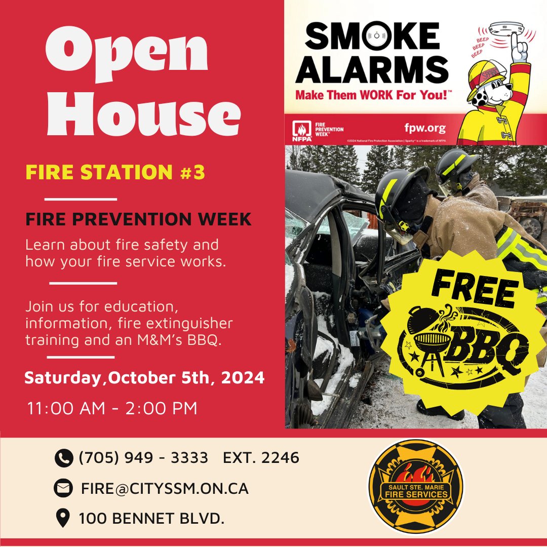 SaultFire's tweet photo. Tomorrow! Open House at Fire Hall #3 from 11am - 2pm! Come by for a visit. @CitySSM https://t.co/jMIHLPbqV7