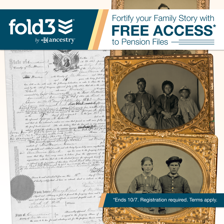 fold3's tweet photo. October is Family History Month. To help you fortify your family story, Fold3 is offering FREE ACCESS to selected pension records this weekend. You will love the rich details found in these records! https://t.co/UMTL5RNc4W https://t.co/453L50Hr14