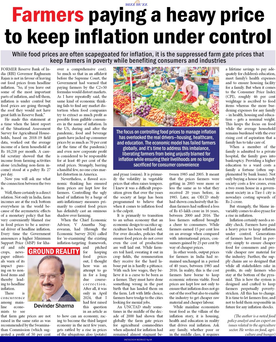 Devinder_Sharma's tweet photo. It is time to liberate #farmers from being unjustly blamed for #inflation while ensuring their livelihoods are no longer sacrificed for consumer convenience. My article #BizzBuzz.  @RBI @FT @ETNOWlive @thewire_in @FarmPolicy https://t.co/uIvSboNL33