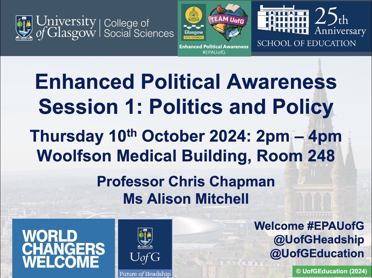 Future of Headship (@uofgheadship) on Twitter photo Almost the weekend! We are excited to welcome this semester’s #EPA cohort on Thursday 10th Oct. with <a href="/ChrisChapmanGla/">Prof Chris Chapman</a> and @AliJMitchHT <a href="/UofGEducation/">School of Education</a> <a href="/GCCLeadLearn/">Leadership Learning in Glasgow</a> <a href="/EdISGlasgow/">EdIS Glasgow</a> <a href="/UofGSocSci/">UofG Social Sciences</a> <a href="/EPPE_Network/">Education, Public Policy and Equity Network</a> Almost the weekend! We are excited to welcome this semester’s #EPA cohort on Thursday 10th Oct. with <a href="/ChrisChapmanGla/">Prof Chris Chapman</a> and @AliJMitchHT <a href="/UofGEducation/">School of Education</a> <a href="/GCCLeadLearn/">Leadership Learning in Glasgow</a> <a href="/EdISGlasgow/">EdIS Glasgow</a> <a href="/UofGSocSci/">UofG Social Sciences</a> <a href="/EPPE_Network/">Education, Public Policy and Equity Network</a>