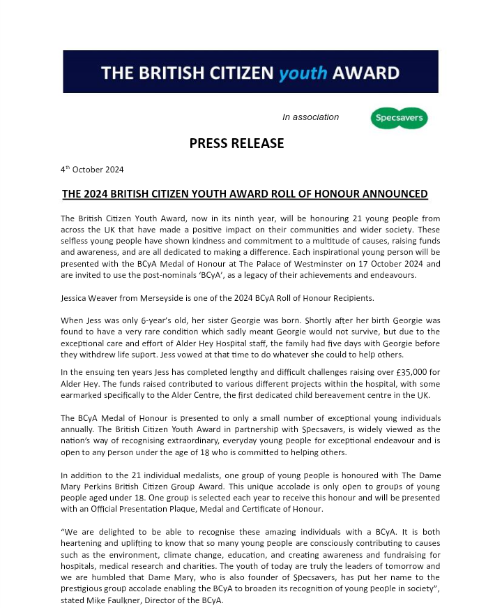emmaweaver's tweet photo. We are honoured to announce that Jess has been recognised for her fundraising and will receive a British Citizen Youth Award at the palace of Westminster in 2 weeks. We are astounded @AlderHeyCharity @AlderCentre @AlderHey #BCyA https://t.co/RwERBO0U7i