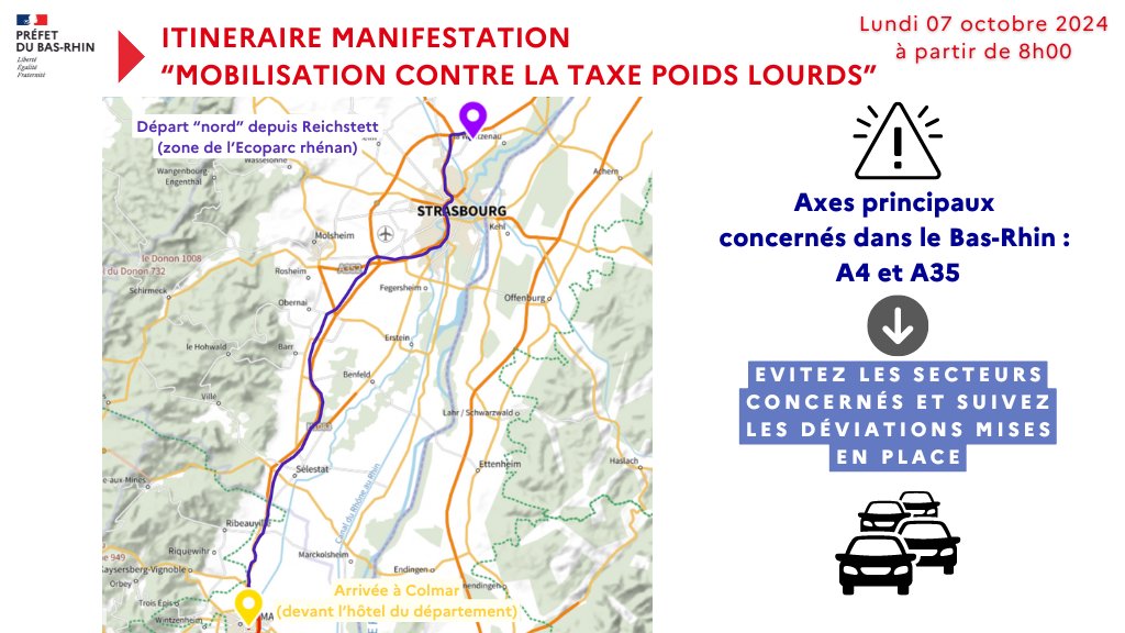 #Manifestation | Dans le cadre de la mobilisation « Contre la taxe poids lourds », une opération escargot aura lieu : 
📍 ce lundi 07 octobre 2024 à partir de 08h00 au départ de #Reichstett ⚠️

➡️ Évitez autant que possible les secteurs concernés et adaptez vos déplacements 🚗🏍️
