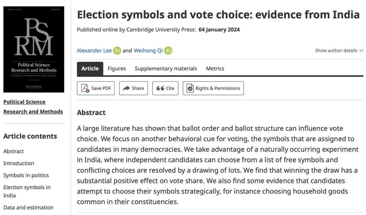 Alex Lee (@alexandermklee) on Twitter photo On open access <a href="/PSRMJournal/">PSRM Journal</a>: Ballot symbols influence vote choice in India, and candidates respond by trying to choose popular symbols in a lottery
If you're an independent candidate reading this, you want the diamond ring and you want to avoid the ghobi
tinyurl.com/ypxa9b44 On open access <a href="/PSRMJournal/">PSRM Journal</a>: Ballot symbols influence vote choice in India, and candidates respond by trying to choose popular symbols in a lottery
If you're an independent candidate reading this, you want the diamond ring and you want to avoid the ghobi
tinyurl.com/ypxa9b44