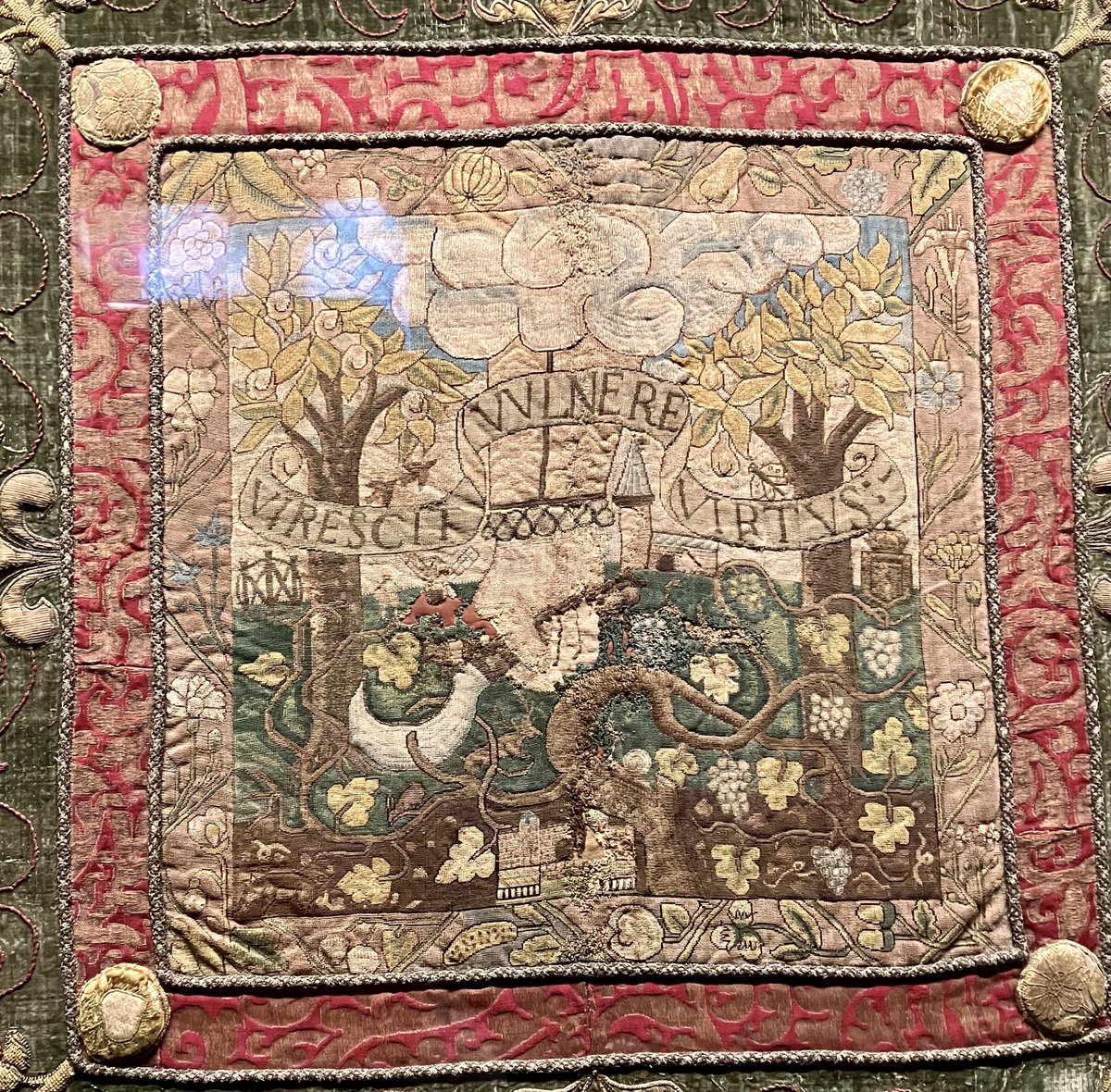 Interesting visit to Oxburgh Estate in Norfolk today.
Very fine needlework cushion cover by Mary Queen of Scot’s ( note the hand and sickle cutting the barren vine of Elizabeth 1st but leaving the fertile vine of Mary, a treasonous message).