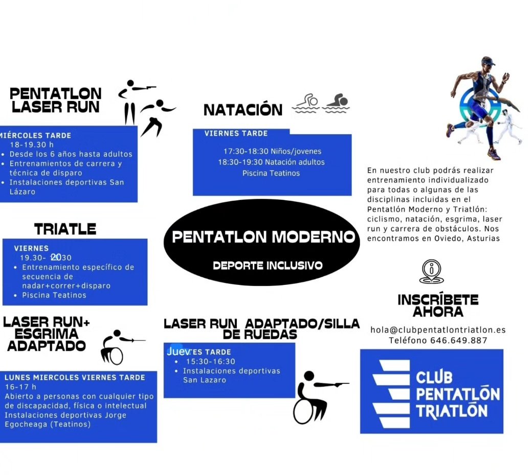 ruth gomez Álvarez (@ruthtraine) on Twitter photo Horarios y actividades:
natación
Laser Run
Esgrima
Para adultos y todas las edades
Tenemos grupos para personas con discapacidad intelectual y/o física.
hola@clubpentatlontriatlon.es Horarios y actividades:
natación
Laser Run
Esgrima
Para adultos y todas las edades
Tenemos grupos para personas con discapacidad intelectual y/o física.
hola@clubpentatlontriatlon.es