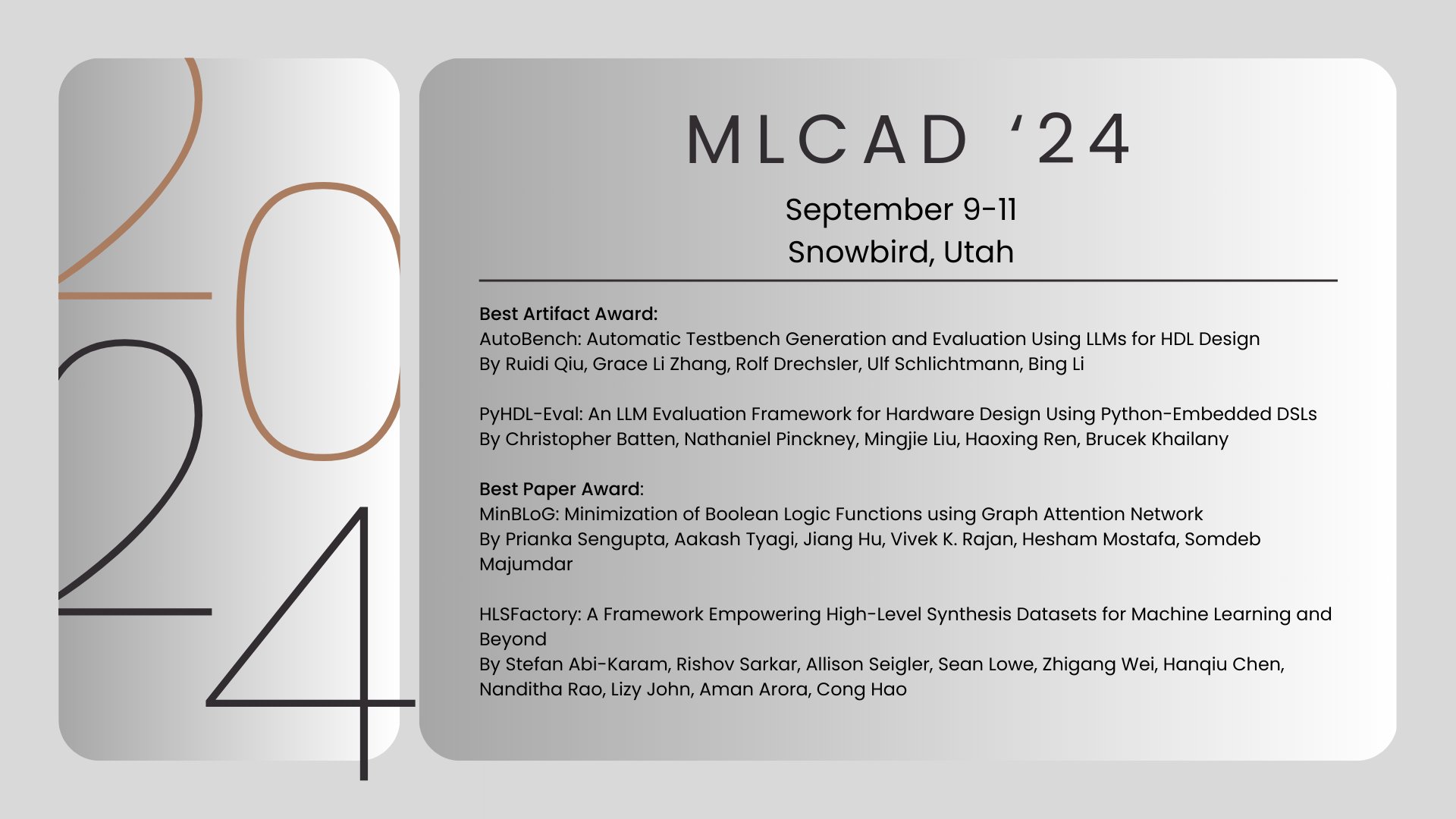 ACM Digital Library on X We are thrilled to share the outstanding research contributions recognized at MLCAD 24 ACM IEEE International Symposium on Machine Learning for CAD. Congratulations to all the...