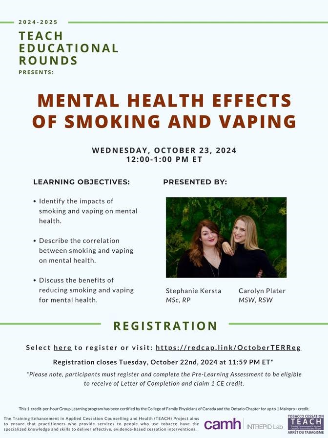 Registration Now Open for October TEACH Educational Rounds: Mental Health Effects of Smoking and Vaping

📅 Wednesday, October 23
⏲️ 12:00-1:00 PM EST

Register here: redcap.link/OctoberTERReg