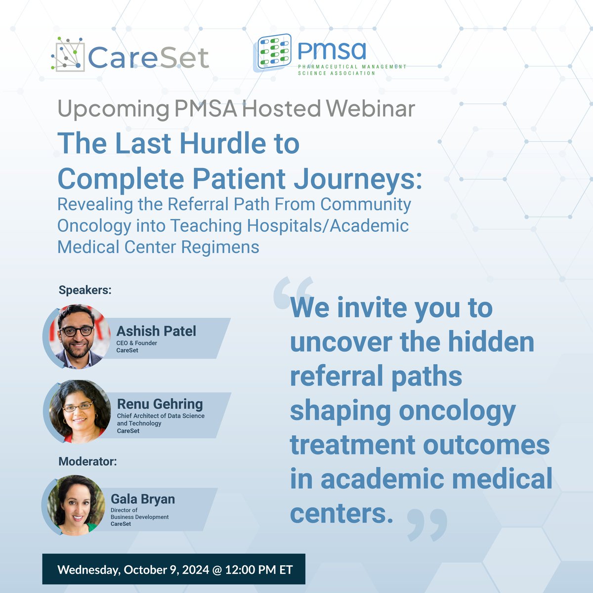 Unlock hidden data behind community-to-AMC referrals! Don’t miss this PMSA hosted webinar featuring CareSet's experts delivering actionable oncology insights on Wednesday, Oct 9th.
Sign up here ➡️ pmsa.org/webinars/upcom…