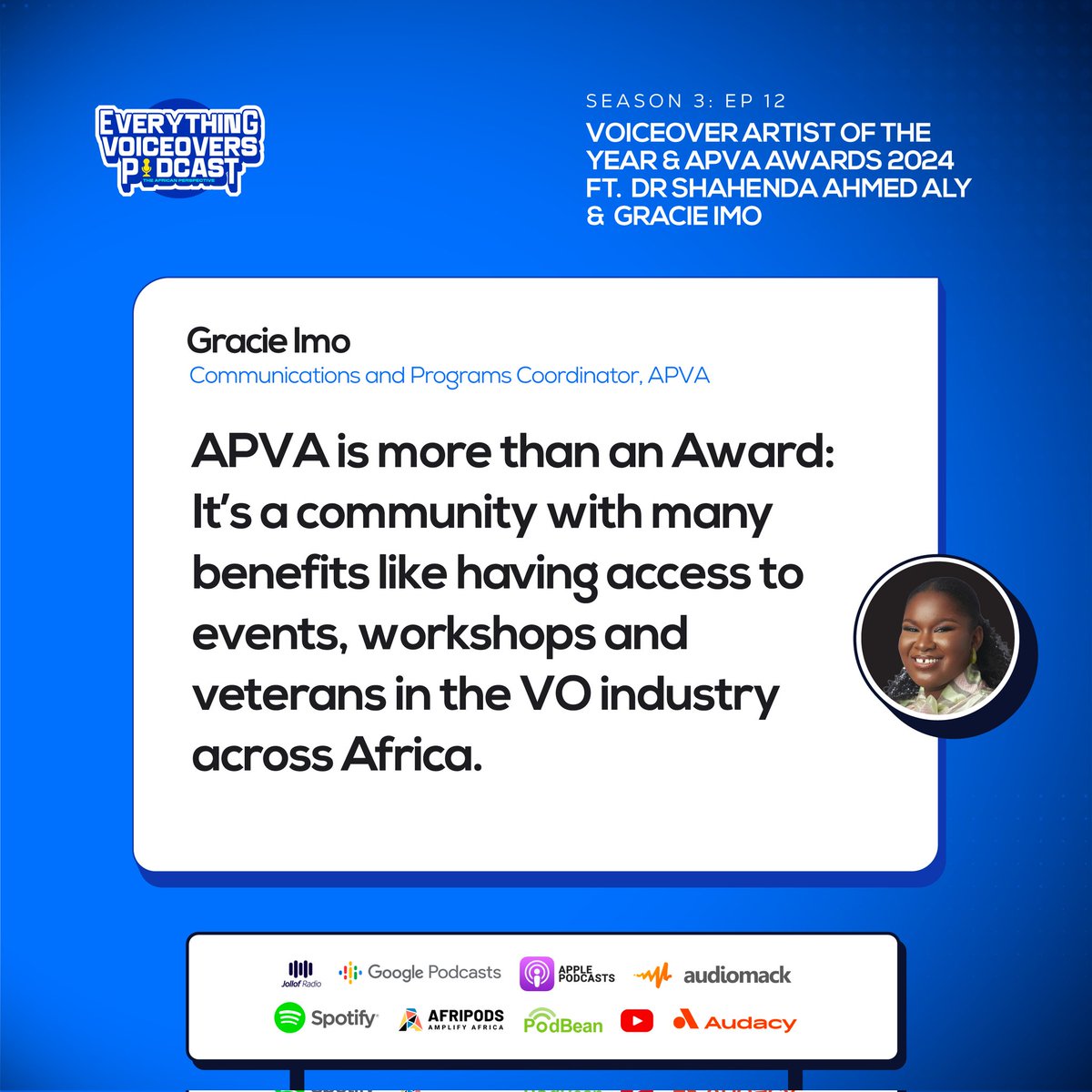 EverythingVOs's tweet photo. New Episode Out! 🚨 
Voiceover Artist of the Year &amp; APVA Awards 2024 ft Dr. Shahenda Ahmed Aly and Gracie Imo. Shahenda shares her 18-year VO journey, while Gracie explains the APVA awards process. S3E12

#APVA2024 #VoiceoverPodcast #VoiceoverIndustry #ShahendaAhmedAly #GracieImo https://t.co/z9IvKISGKT