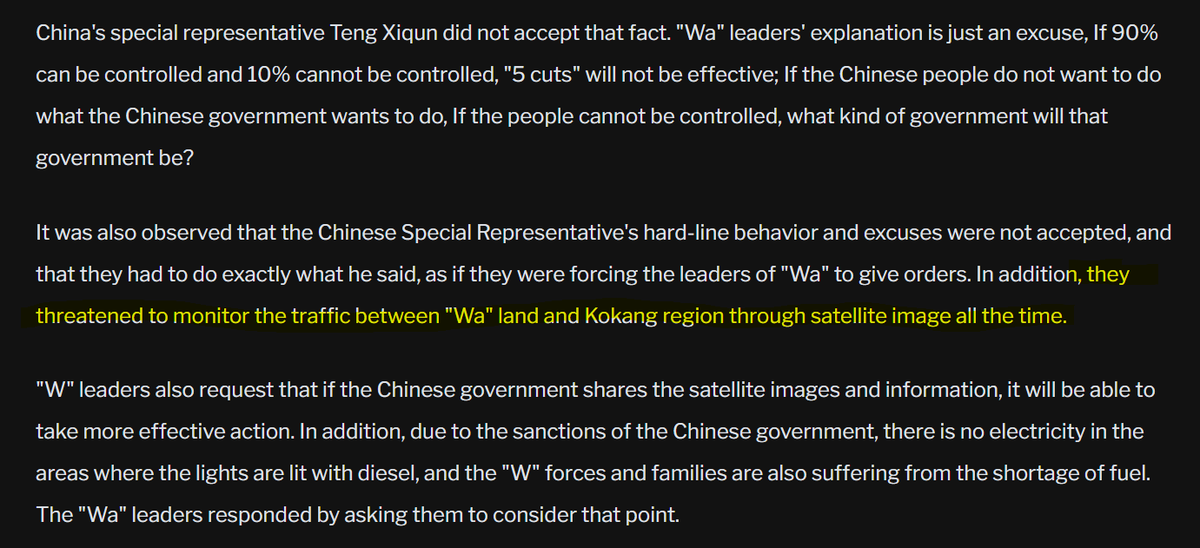 sheehanj920's tweet photo. a wildly intriguing read.

Deng Xijun, China's Special Envoy for Asian Affairs, insinuates that after 🇨🇳 cut off trade with MNDAA (for belligerence regarding Lashio), UWSA (or NDAA) continued supplying MNDAA with goods.

He threatens halting trade to Wa + use of sat surveillance. https://t.co/505wMeKxIb