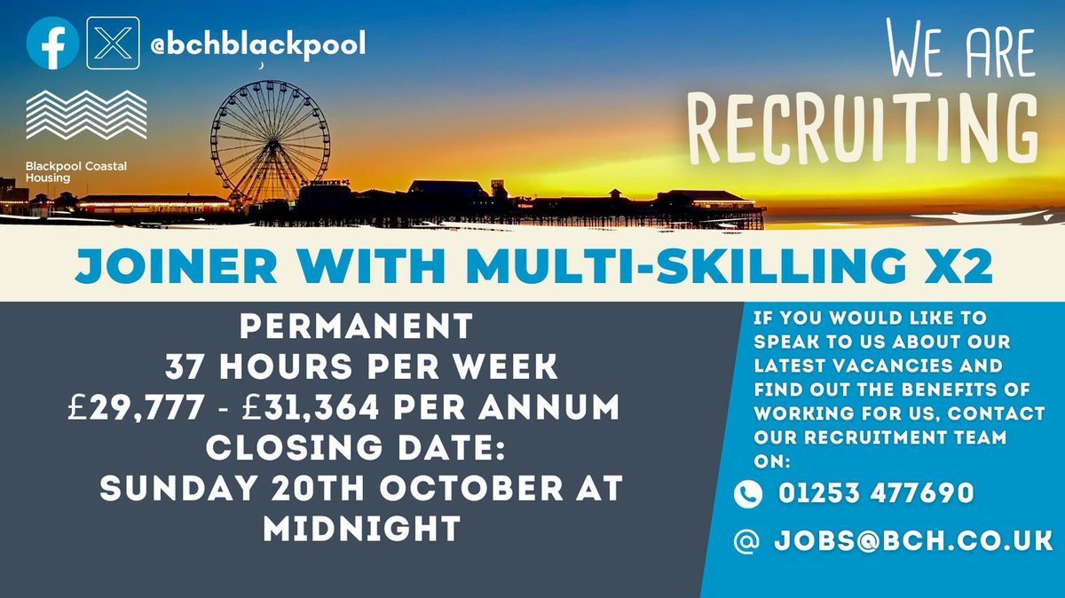 bchblackpool's tweet photo. We have a job opportunity for two joiners with multi-skilling to join our dedicated BCH Team. To find out more and apply, visit https://t.co/3ljDCepz6L #blackpooljobs #joiner #jobopportunity #blackpool https://t.co/uSmpNZcS3C