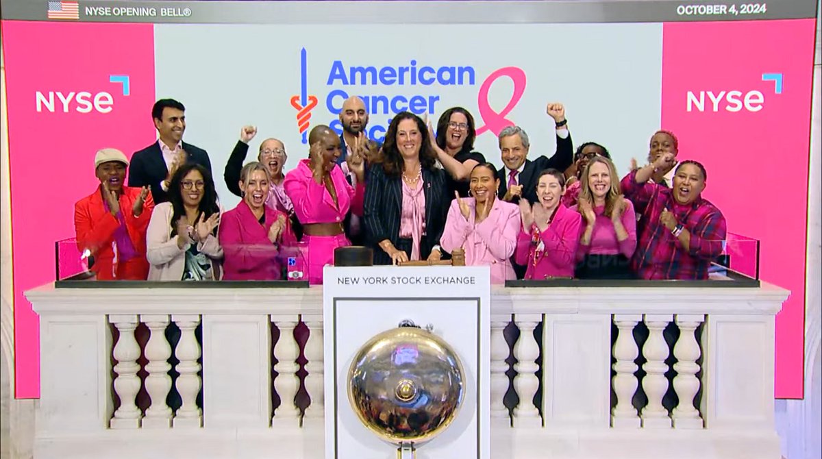 DrKarenKnudsen's tweet photo. In the cancer world, “ringing the bell” is a special milestone of survivorship and something to celebrate. How fitting to have #BreastCancer survivors, caregivers, + @AmericanCancer partners from @Color &amp; @JanusHenderson to help us ring the @NYSE bell. All in against cancer! 🔔 https://t.co/dsDQGQw2yx