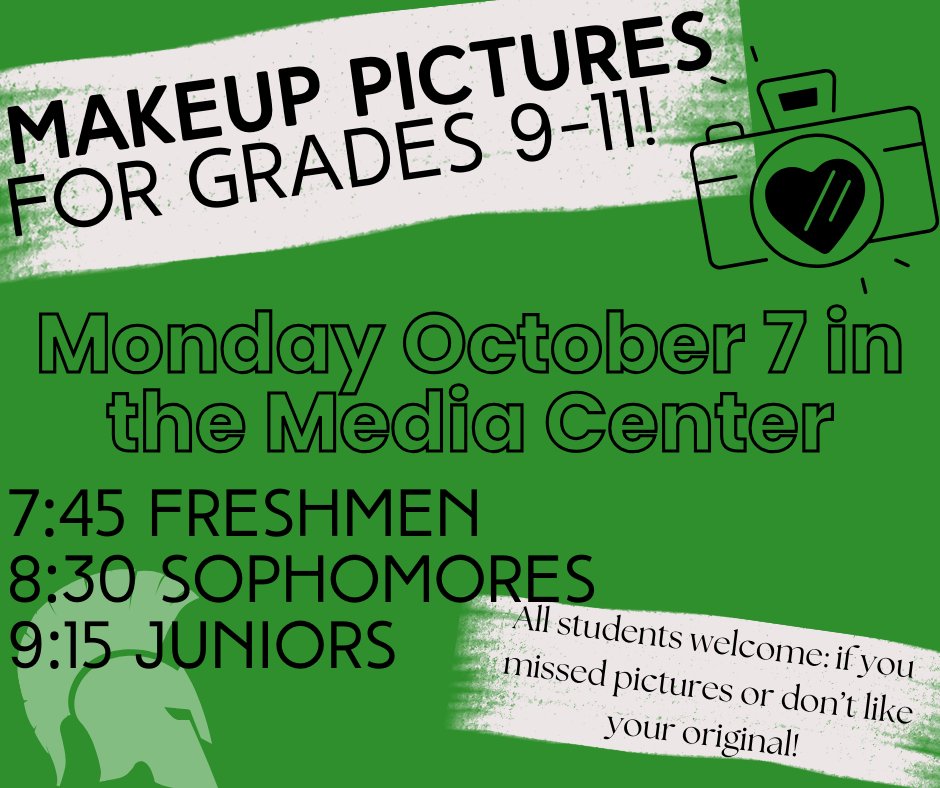 Remember Makeup Pictures will be Monday, October 7 for Grades 9-11 in the Media Center.
Schedule as follows:
Freshmen: 7:45 am
Sophmores: 8:30 am
Juniors: 9:15