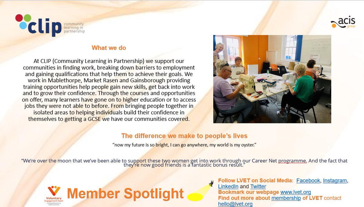This week's Member in the Spotlight is...CLIP Community Learning in Partnership 🔦 (ACIS Group). With nearly 70 courses in Gainsborough, Market Rasen and Mablethorpe. Supporting confidence building, arts &amp; crafts, as well as life &amp; work skills courses they run. Amazing work!🌟