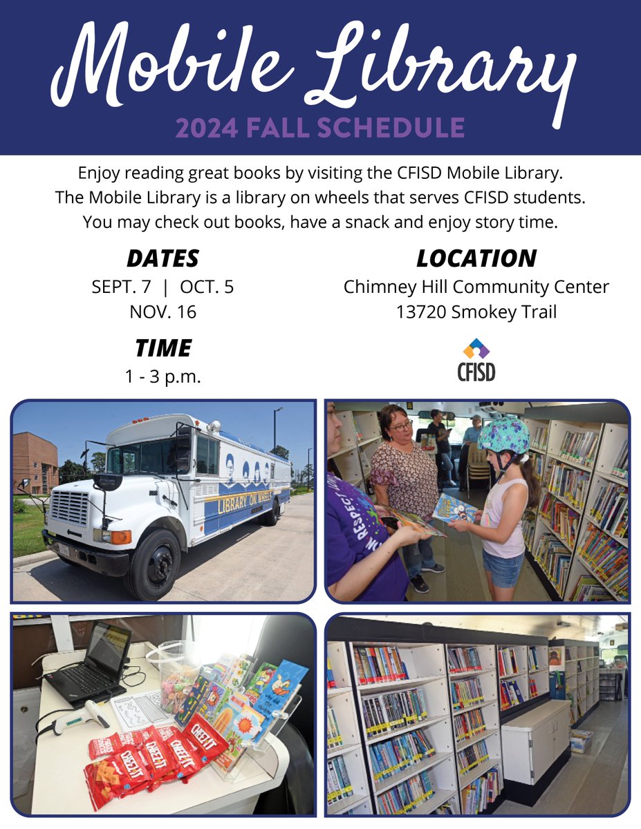 Check it out, Dolphins! Tomorrow the Mobile Library will be in our area from 1:00-3:00 pm! 🐬📚

#HairgroveWave