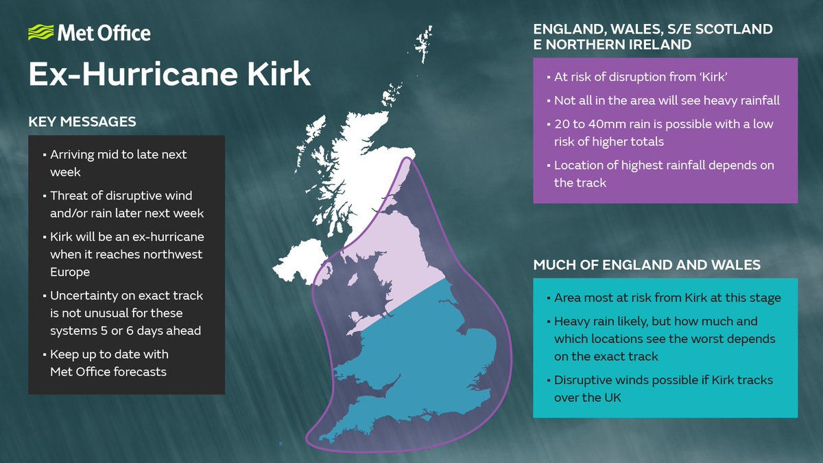 Ex-Hurricane Kirk could bring a spell of disruptive weather for the UK from mid to late next week, however there is still a lot of uncertainty 👇