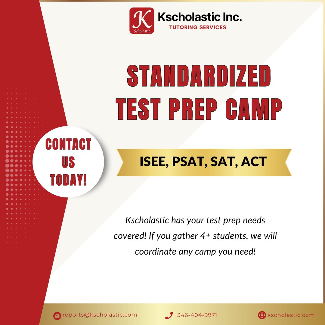 Kscholasticinc's tweet image. If you gather 4 or more students together, we will coordinate any test prep camp you need! We will pair your students with one of our expert tutors to ensure they have all the tools they need to succeed on their tests. 

#tutoring #houstontutoring #standardizedtests