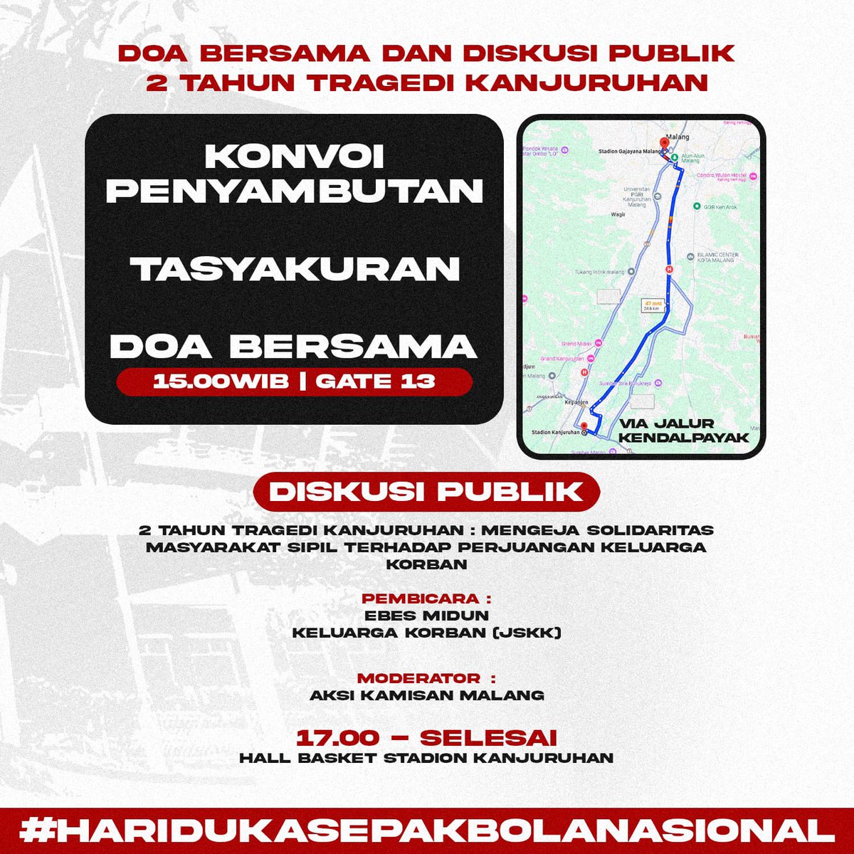 Siapapun kamu, darimana pun asalmu, apapun kelompokmu, silahkan datang say hello and join us! 

Time : 13.12 WIB (On time!)
Place : Std. Gajayana - Std. Kanjuruhan
Date  : 5 Oktober 2024 

Berikan sambutan terbaik. See you. ❤️
#2TahunTragediKanjuruhan