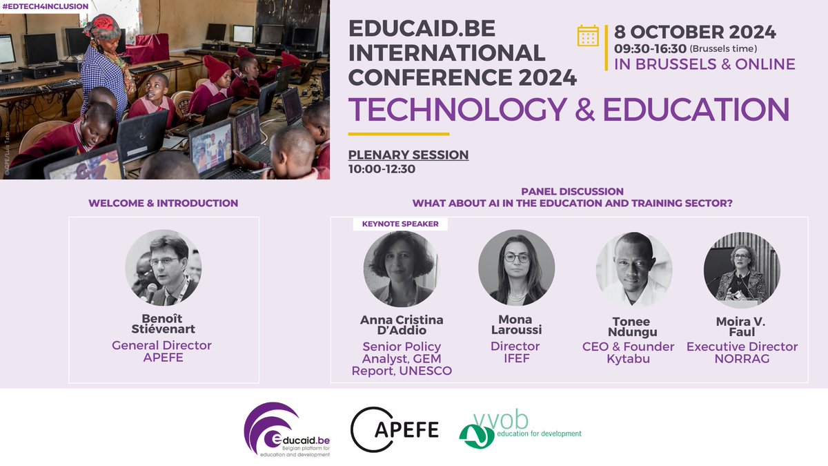 Educaid_be's tweet photo. Join us at the https://t.co/9NmBdXApwu International Conference 2024! 🌍
🗓 8 Oct
📍 Enabel, Brussels & online
Topic: Leveraging Technology for Inclusive Education
➡️More information & registration: https://t.co/mrJkouyI4O
#EdTech4Inclusion #SDG4 https://t.co/V89S0fG8cN