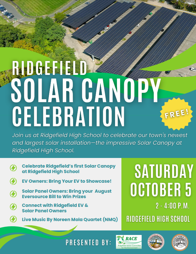 It's a SOLARBRATION!
Join the fun tomorrow at RHS where we celebrate Ridgefield's new solar canopy and the town's continued efforts to be eco-friendly.
🌞Live music 🌞EV Showcase 🌞Prizes 🌞Connect with Ridgefield EV&amp; Solar Panel owners 
DETAILS: Free event, October 5th, 2-4pm