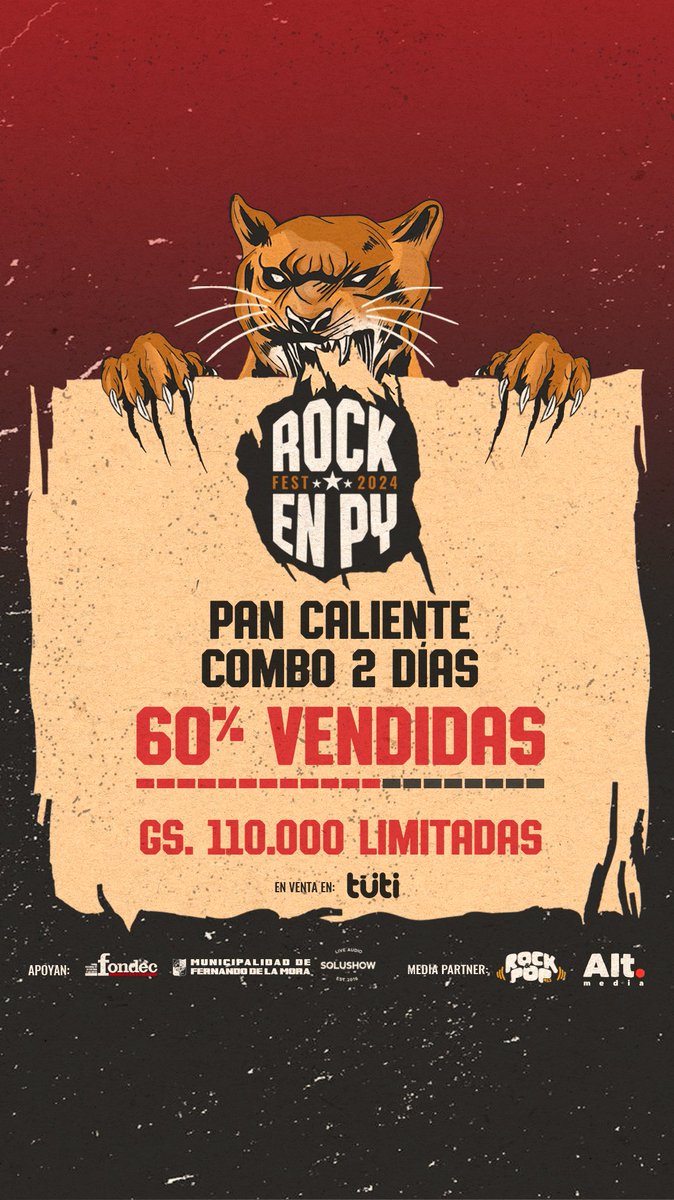 rockenpy's tweet image. Fase &quot;Pan Caliente&quot; 60% vendidas en apenas 48hs!!! 😌👏🏼🥖🍻

No te cuelgues, no te quedes fuera de #LaFiestaDelRockParaguayo

Comprá tu entrada aqui:
tuti.com.py/evento/rock-en…