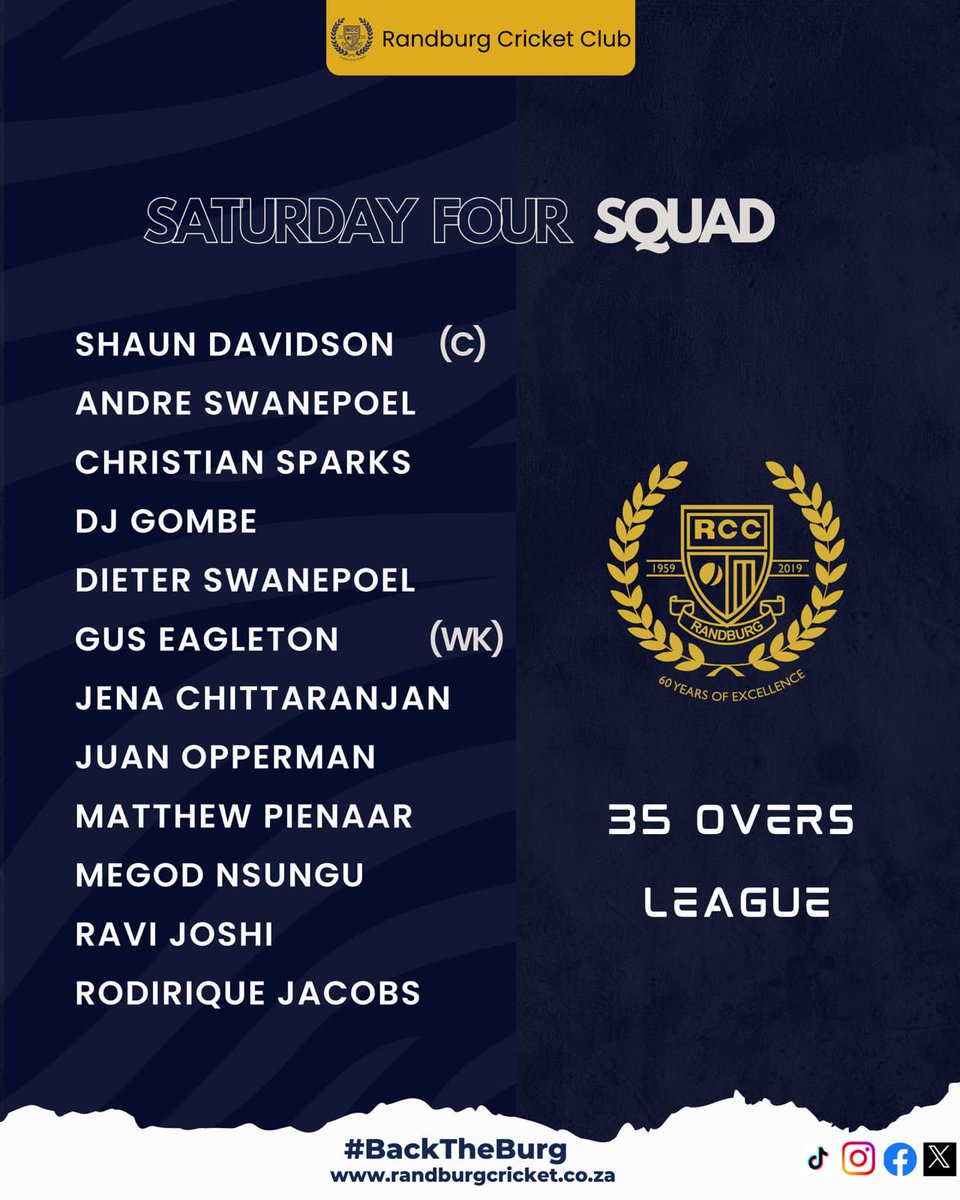 RandburgClub's tweet photo. Get ready for a packed weekend of cricket! Our Saturday one side takes on Die Ratel in an away fixture, while Saturday four faces Old Parks. On Sunday, our Prem team has a doubleheader, facing Joburg Cricket Club in the morning and the Uj in the afternoon game. https://t.co/tv9EINXACq