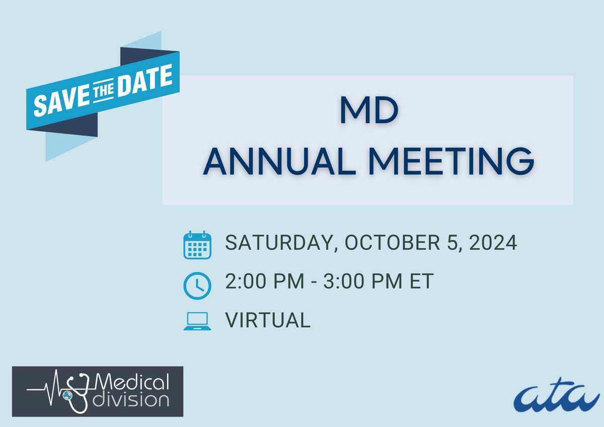 ATA Medical Division (@ata_medicaldiv) on Twitter photo Join us tomorrow, October 5, at 2:00 p.m. ET, for our 2024 Virtual Annual Meeting!
It's open to all MD members, regardless of conference registration.
MD members should have received the link from ATA. If you haven't, contact us at divisionMD@atanet.org.
We hope you can join us! Join us tomorrow, October 5, at 2:00 p.m. ET, for our 2024 Virtual Annual Meeting!
It's open to all MD members, regardless of conference registration.
MD members should have received the link from ATA. If you haven't, contact us at divisionMD@atanet.org.
We hope you can join us!