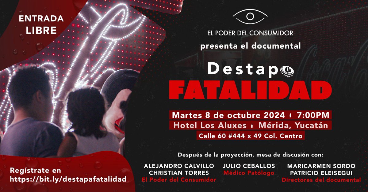 El próximo 8 de octubre estrenamos  el documental #destapafatalidad, donde se relata la gravedad del consumo de refrescos en Yucatán, y exploramos cómo <a href="/BepensaCorp/">Bepensa Corporativo</a>, embotelladora de <a href="/CocaColaMx/">Coca-Cola México</a> ha interferido en políticas públicas mediante las puertas giratorias en México.