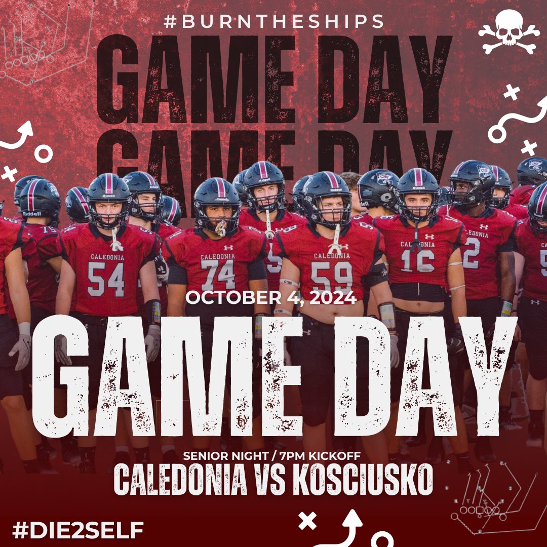 CalHSFootball's tweet image. Get Ready! It’s GAMEDAY!! 

🆚 Kosciusko 
📍Caledonia HS 
🎓Senior Night
🕖 7pm Kickoff
⛅️ 76° @ Kickoff
📡 @CaledoniaSRN live on X 
🎟️ $9

#BURNTHESHIPS #DIE2SELF