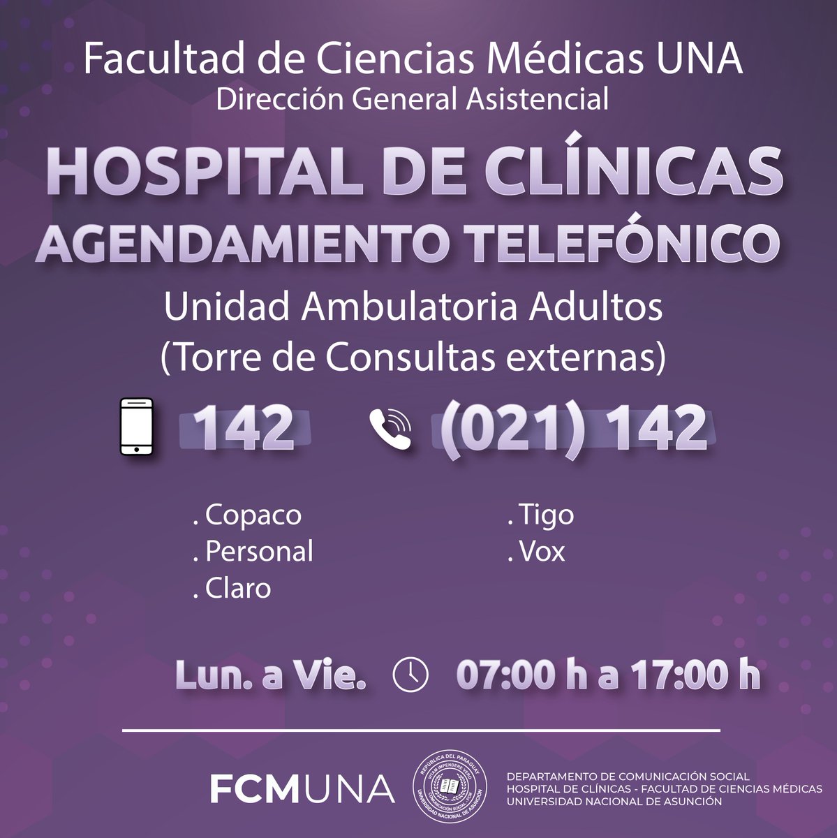 ❗📞 ¡ATENCIÓN! Nuevos números para agendamiento de consultas en la Unidad Ambulatoria Adultos FCMUNA, Hospital de Clínicas.

👉🏻 Recordatorio: algunas especialidades tienen su propio número de agendamiento o son presenciales.

❗Obs. Los números anteriores quedan sin efecto.