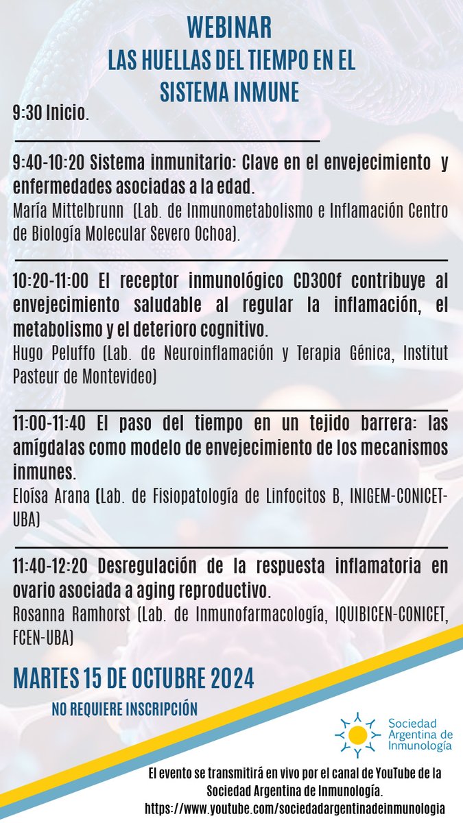 El próximo 15 de octubre la SAI brindara el 2do webinar (y último del año) que se transmitirá por YouTube.

#immunology #sai #webinar #webinargratuito