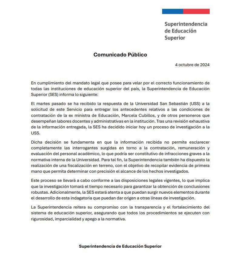 La SES comunica que hoy inició un proceso de investigación a la USS para determinar si las condiciones de contratación de la ex ministra de Educación, Marcela Cubillos, y de otros personeros contratados por <a href="/USanSebastian/">Universidad San Sebastián</a> se ajustan a la normativa interna de la institución.